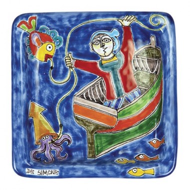Squared Plate Fisherman de simone pottery 20x20 DS 29 Squared Plate Fisherman de simone pottery 20x20 DS 29